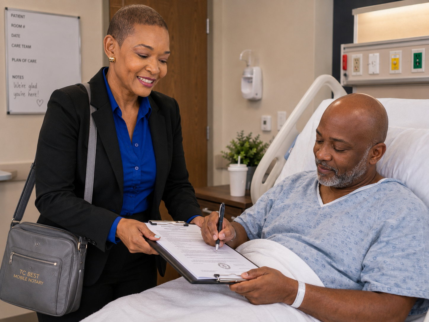 Hospital & Assisted Living Notary Visits Notary providing bedside notary service in a hospital room
