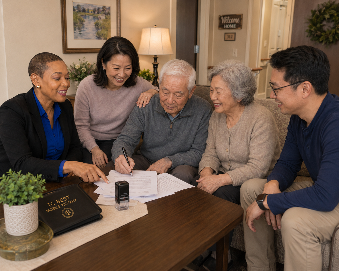 Hospital & Assisted Living Notary Visits Notary visiting a senior living resident with family present