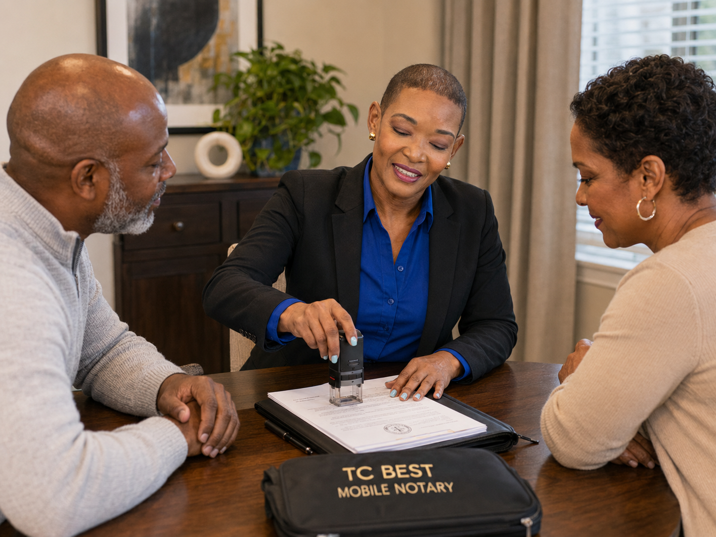 Notary assisting a couple with trust and estate document signing at their dining table