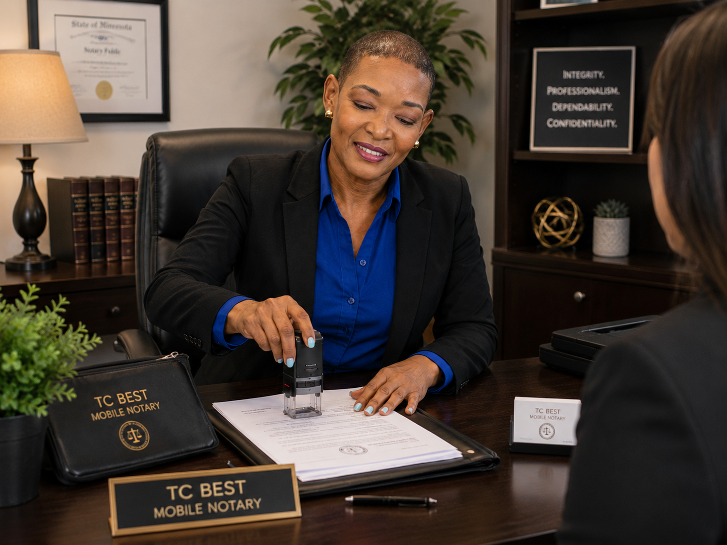 Attorney & Estate Planning Services Notary at her office desk providing professional signing agent services