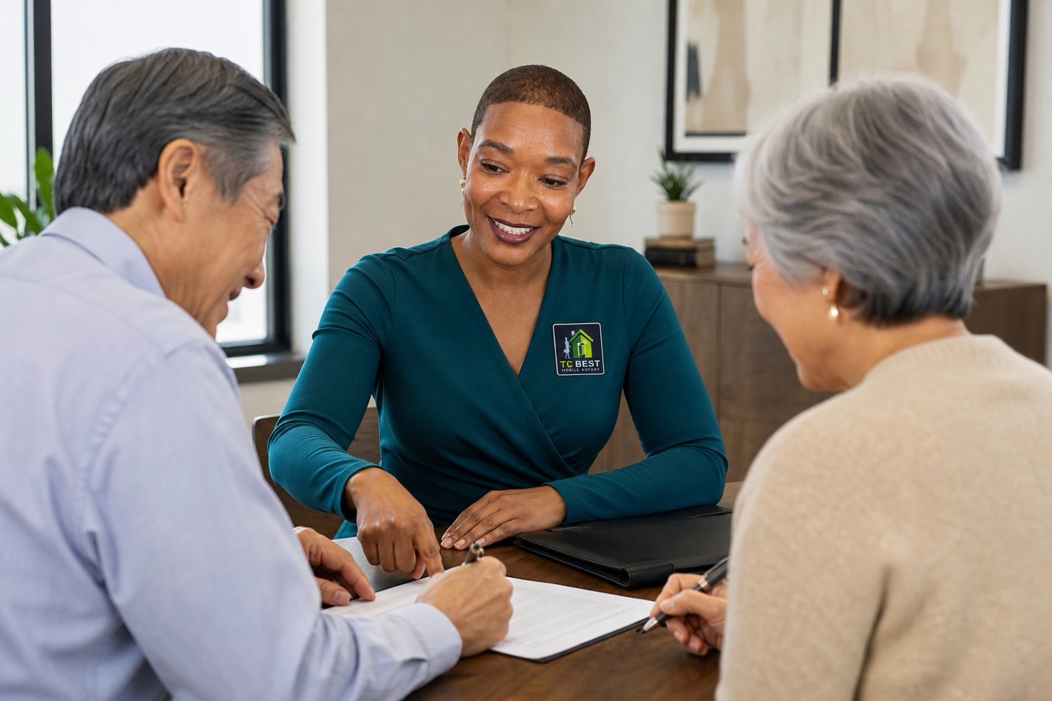 Notary consulting with clients on apostille document requirements in a business office