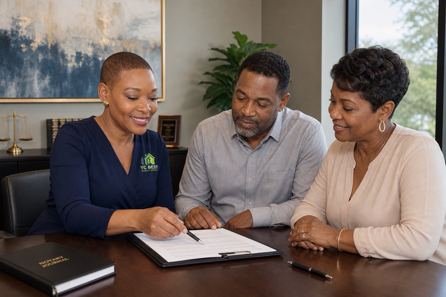 Notary conducting a trust and estate signing with clients in a professional office