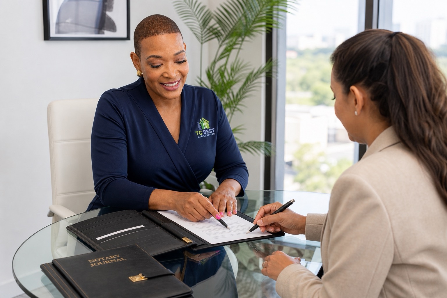 Mobile notary reviewing a legal document with a client at a glass conference table