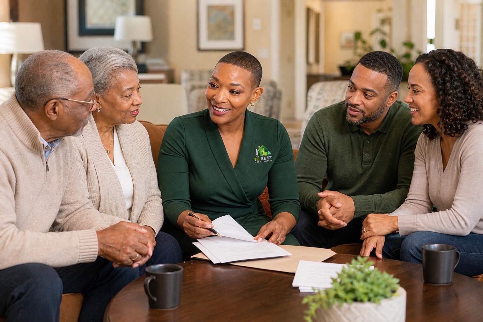 Hospital & Assisted Living Notary Visits Notary completing a signing with a senior resident and family members present