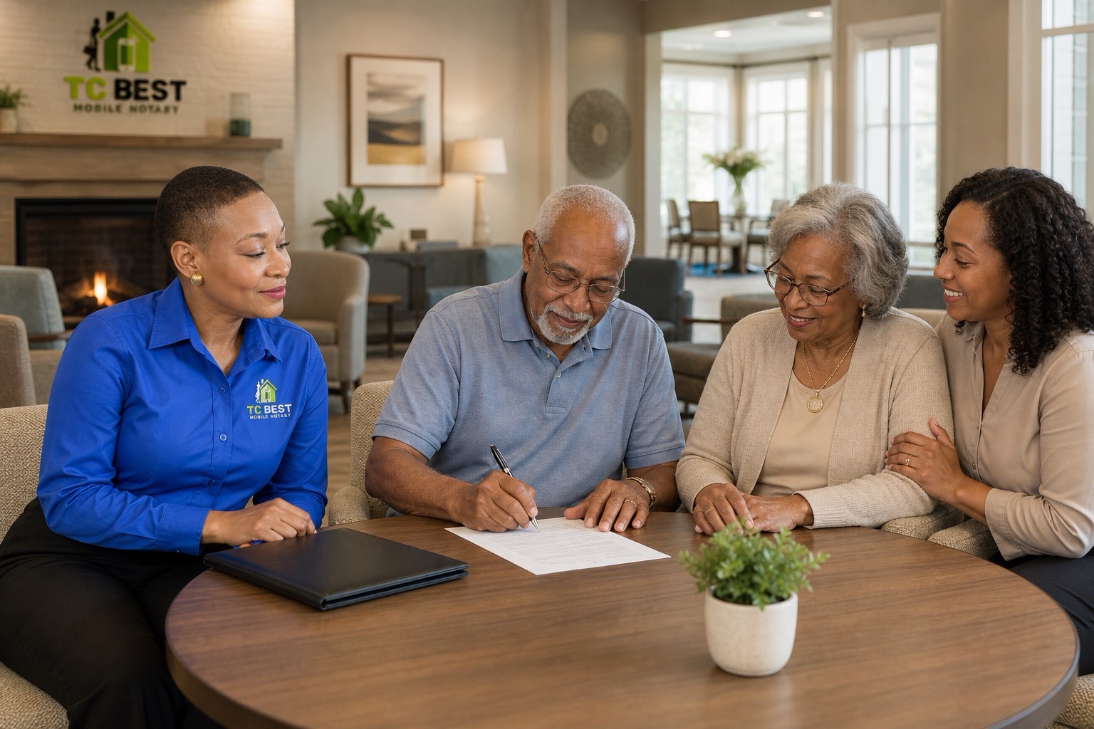 Hospital & Assisted Living Notary Visits Mobile notary assisting a senior resident and family in a senior living community lounge